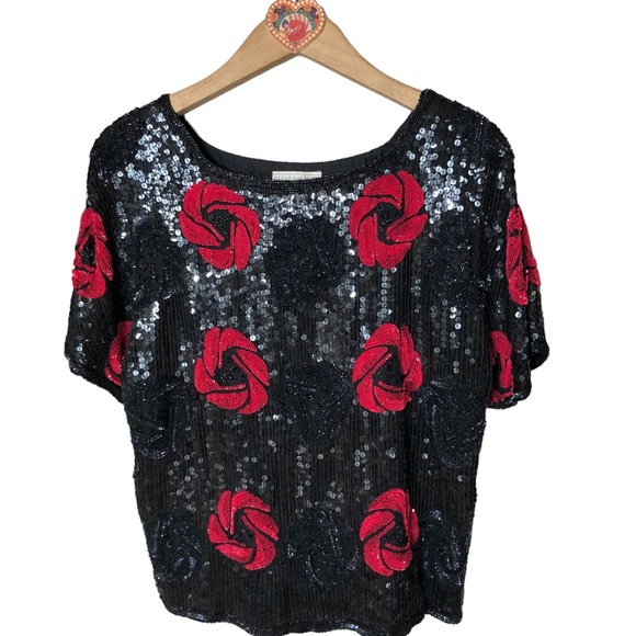 VTG Silk Sequin Beaded Floral Evening Top Megan Barrett Sz S - Picture 5 of 11